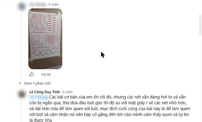 Góp ý bài luyện nét đầu tiên — ảnh chụp từ nhóm học viên