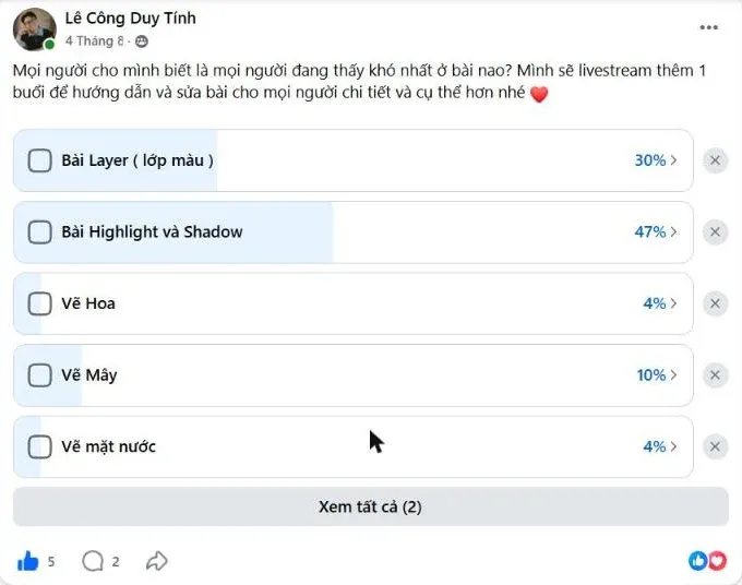Bình chọn bài khó để livestream hướng dẫn thêm — ảnh chụp từ nhóm học viên